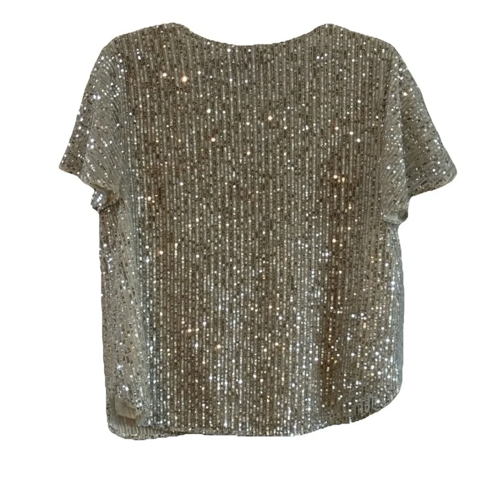 Loft Beige Tan Ivory Sequin Short Sleeve Party Top Shirt Women's Size Medium - Picture 4 of 11